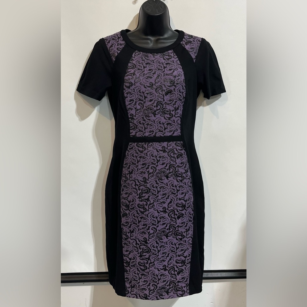 Yoana Baraschi Sheath Dress Sz‎ 8 Damask Color Block Black Purple Anthropologie